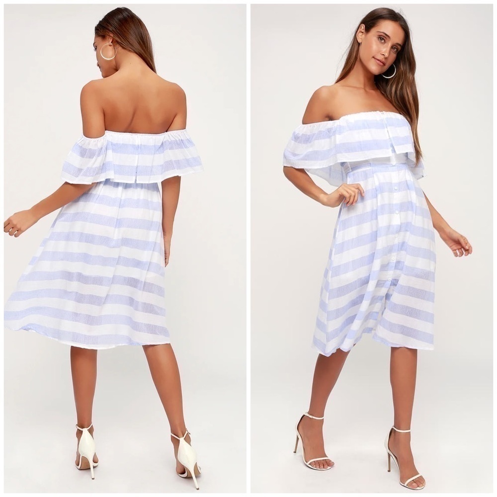 LULU’S Transatlantic Voyage Blue And Ivory Striped Midi Dress